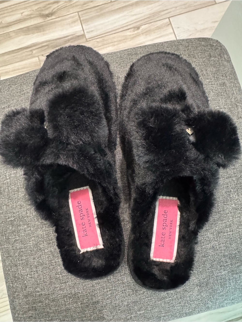 kate spade Black Faux Fur Pom Slide Slippers